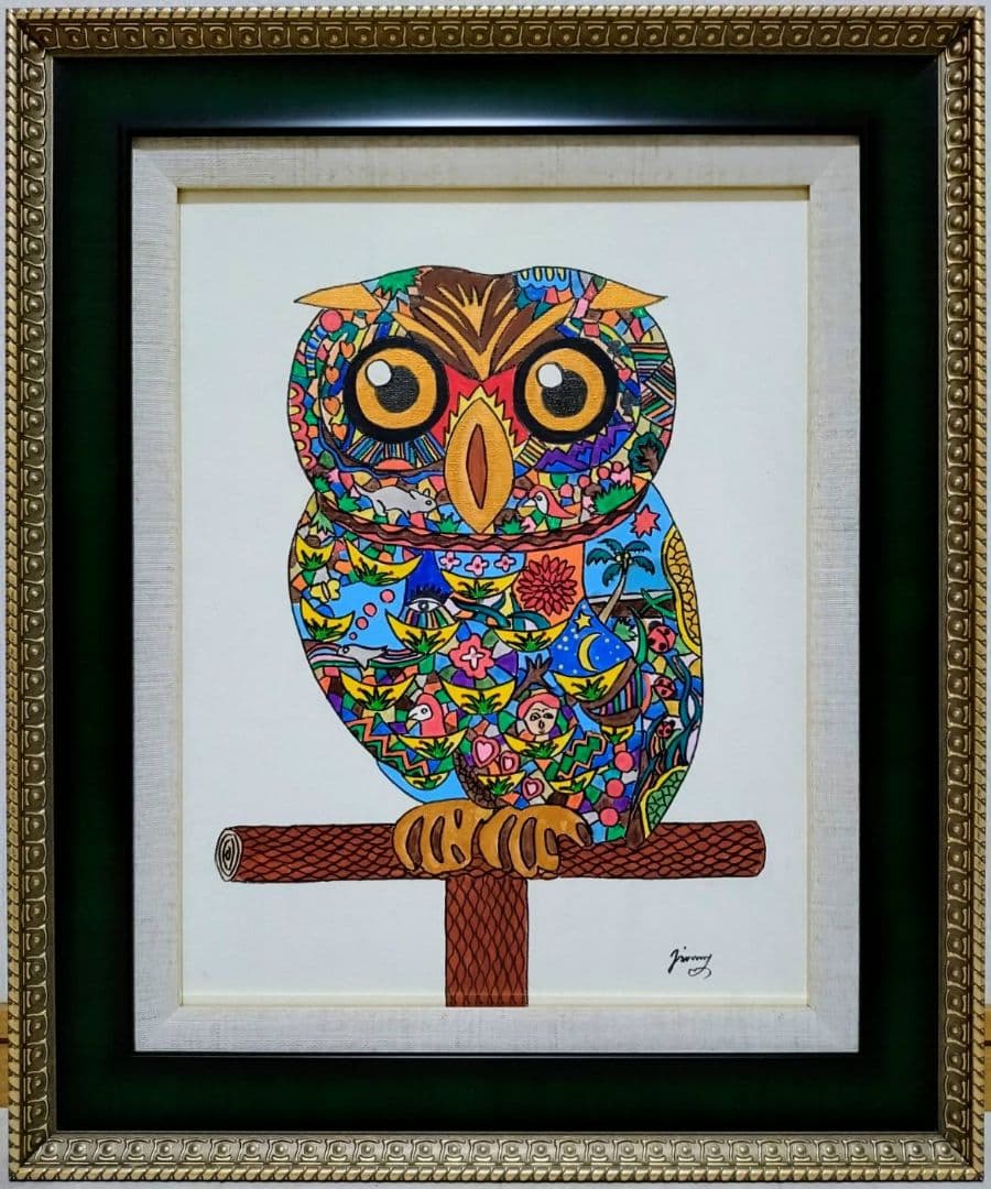 【F6号】ジミー大西【森フクロウ】手描き/表裏サイン/油彩/アクリル/絵画/額縁
