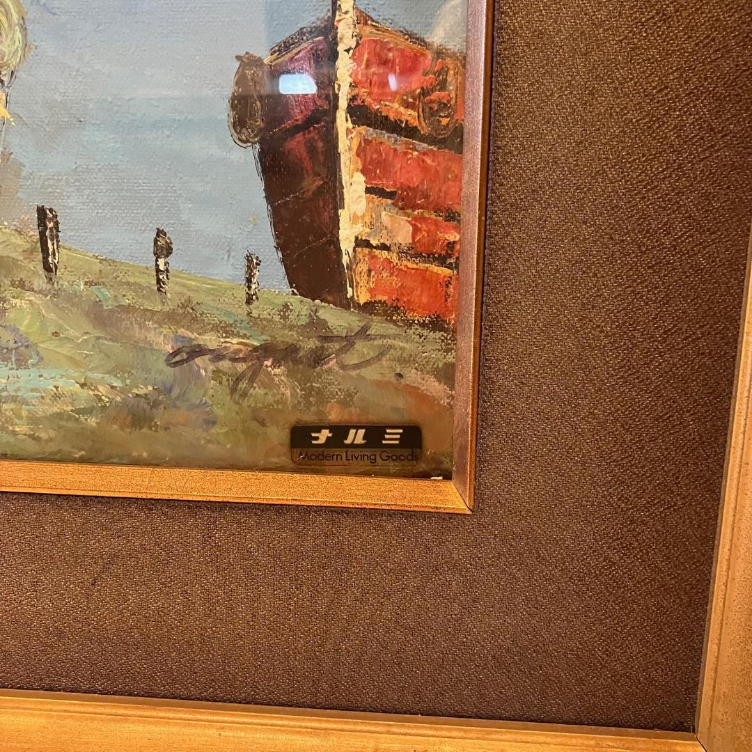 輸入品 絵画 油絵 august作 港 port 風景画 64×71.5 大