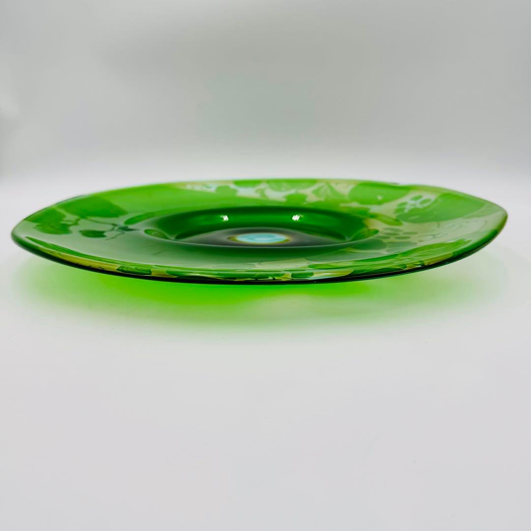 【硝子工芸　山田美彌子　月の宵　大皿　共箱】インテリア　グリーンガラス