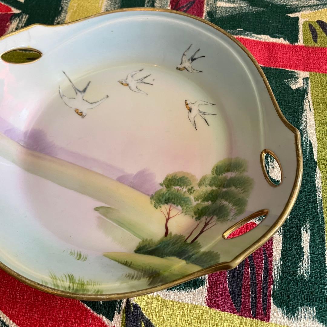 貴重品！オールドノリタケ　ハンドペイント燕と風景画アンティーク食器/明治大正時代