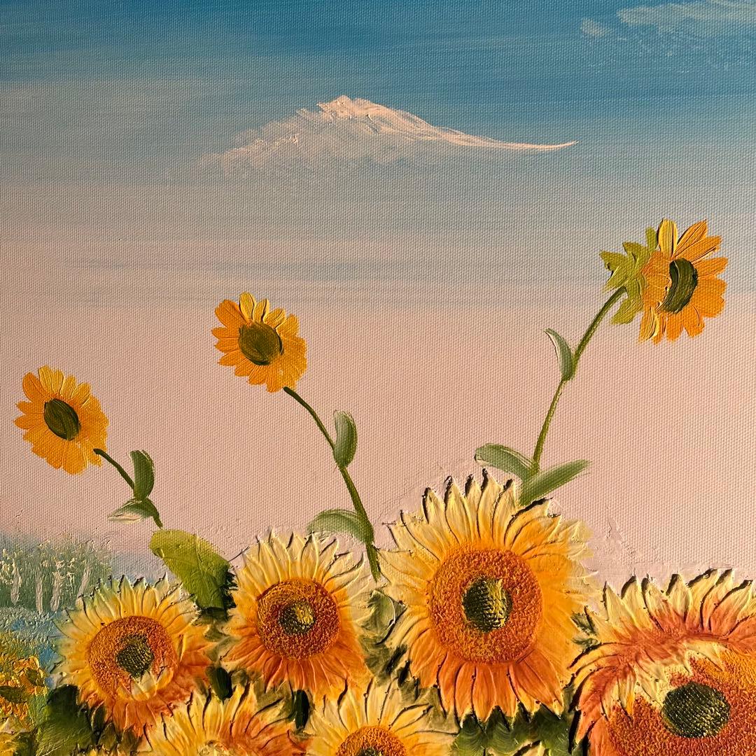 ★特大秀作★ 手書き油絵 ひまわり畑 肉筆絵画 額付き インテリア 油彩画