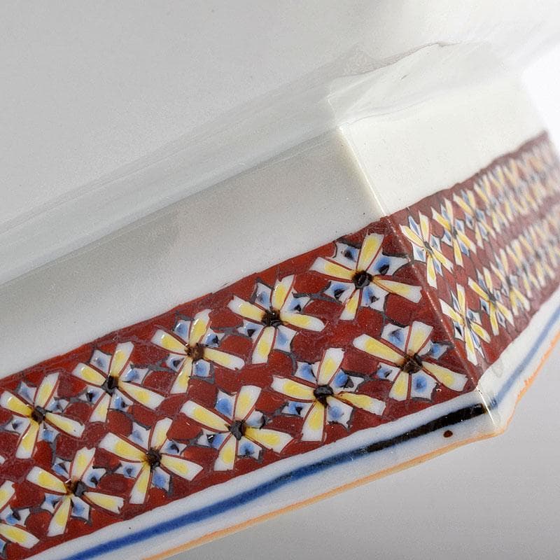 九谷焼　武腰潤作　色絵夏蟹更紗文　四方台皿　共布共箱　Y　R8415B