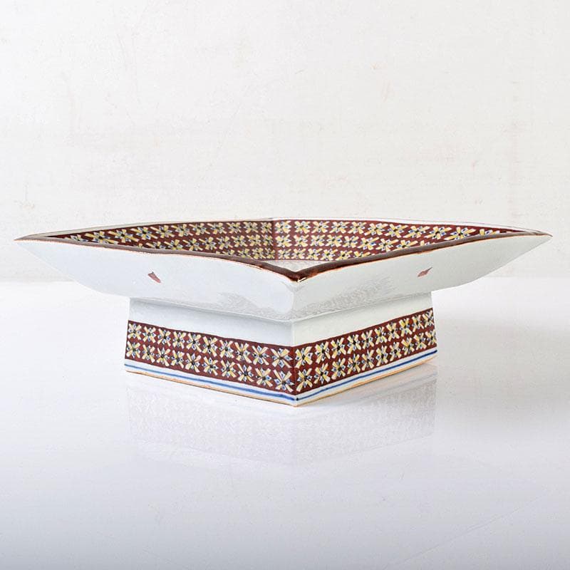 九谷焼　武腰潤作　色絵夏蟹更紗文　四方台皿　共布共箱　Y　R8415B