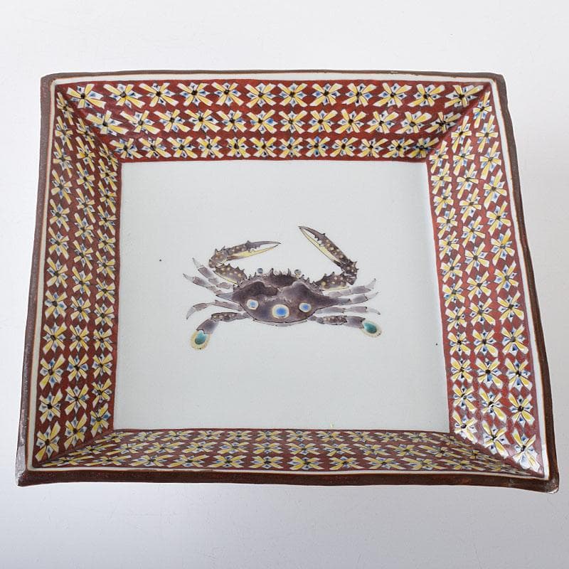 九谷焼　武腰潤作　色絵夏蟹更紗文　四方台皿　共布共箱　Y　R8415B