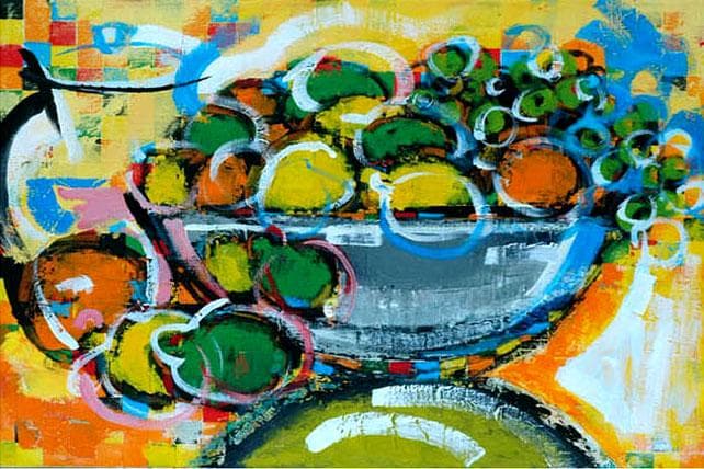 油絵 絵 絵画インテリア 額付(白) uF6-061604 静物 果物 ポット