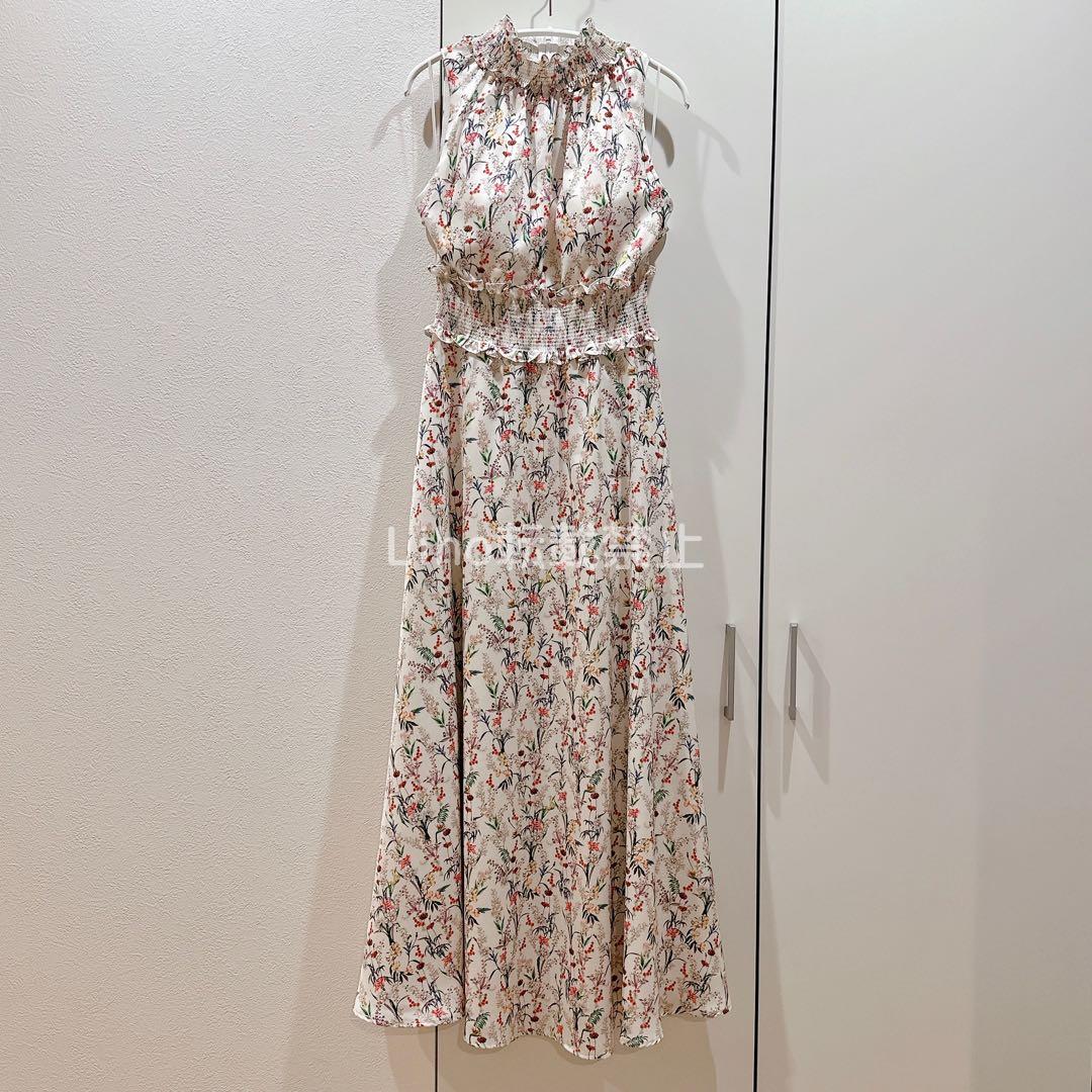 ERUKEI ハイネックフリル フラワープリント Aラインロングドレス