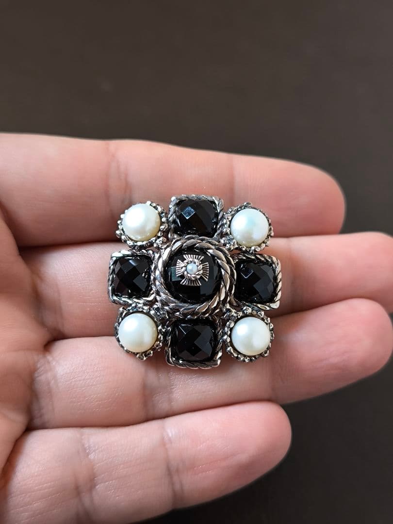 碌山 ロクザン ヴィンテージ オニキス パール シルバーブローチ 925