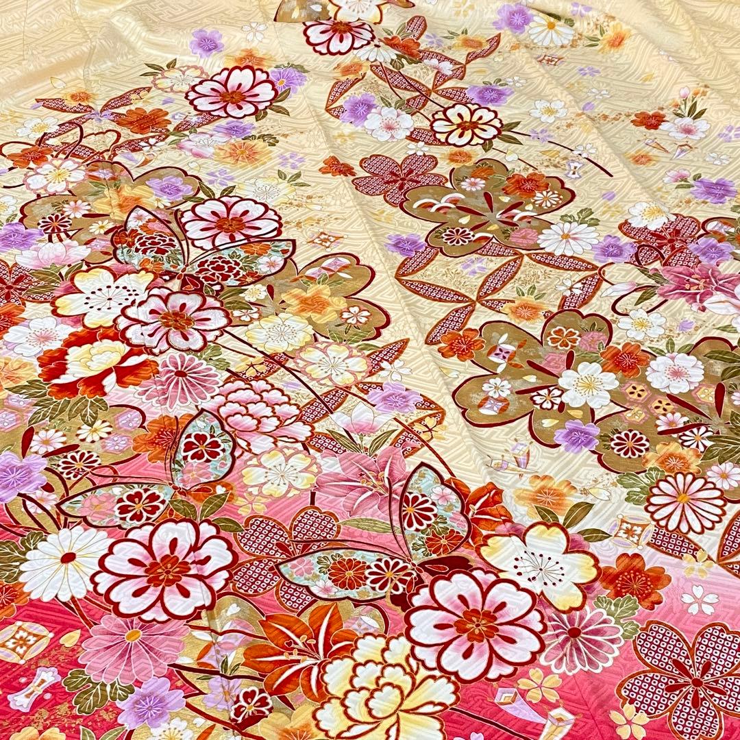 ⭐︎K0620 正絹 振袖 レンタル店放出品 黄色 ガード加工 花柄 11号