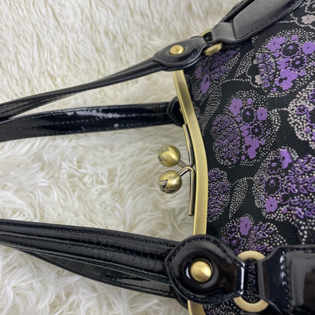 美品 ANNA SUI アナスイ ハンドバッグ がま口 花柄 紫 黒 保存袋付