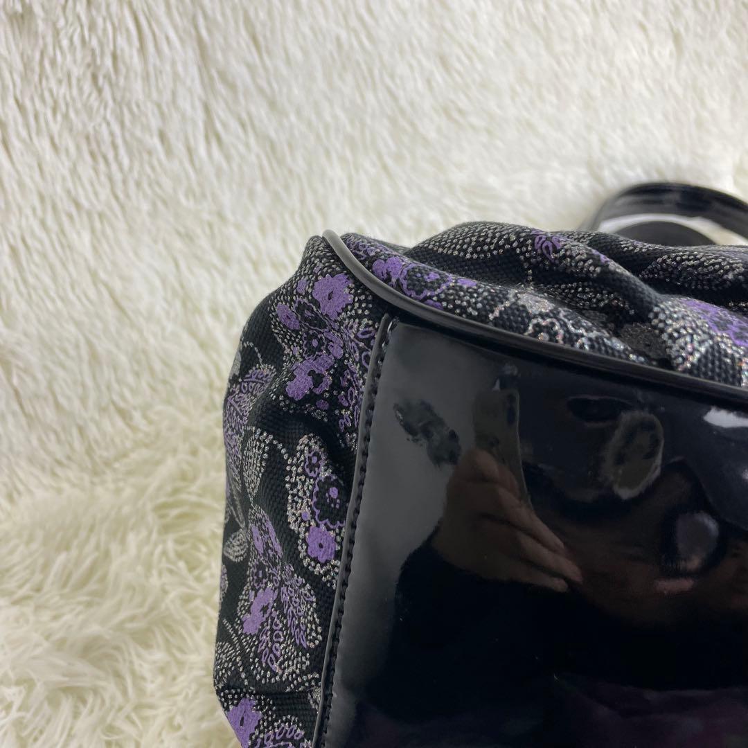 美品 ANNA SUI アナスイ ハンドバッグ がま口 花柄 紫 黒 保存袋付