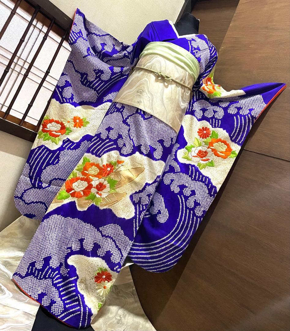 振袖 フルセット6点サイズS〜M駒刺繍　絞り　立波舟草花文　金彩　正絹