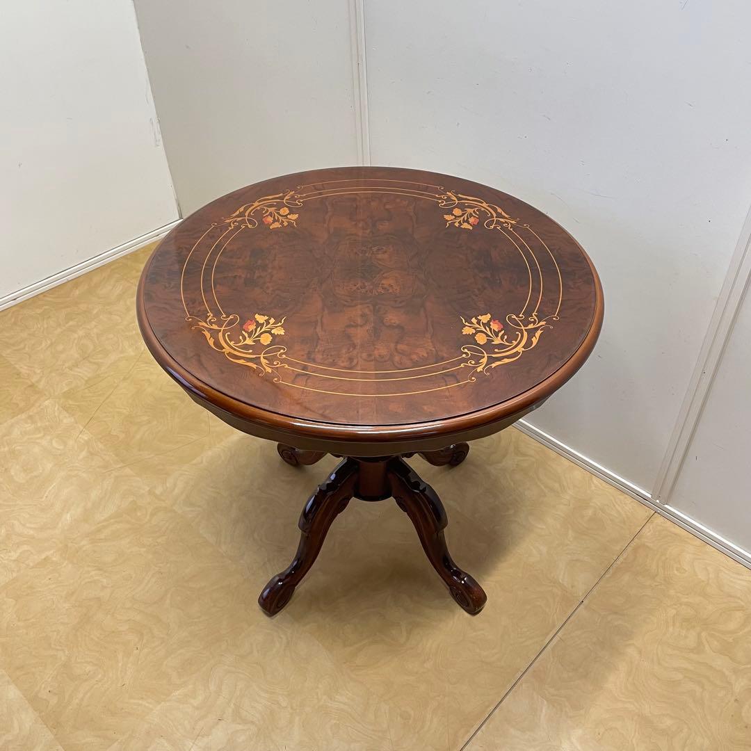 イタリア 丸テーブル 猫脚 象嵌 彫刻 ダイニングテーブル 円形 アンティーク
