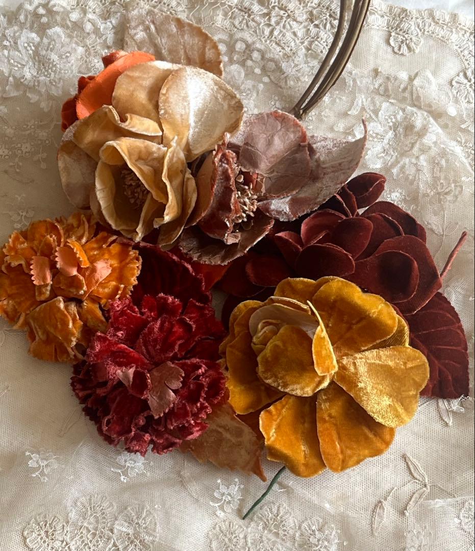 アンティークヴィンテージベルベット布花コサージュブローチ帽子ドレスパーツ装飾