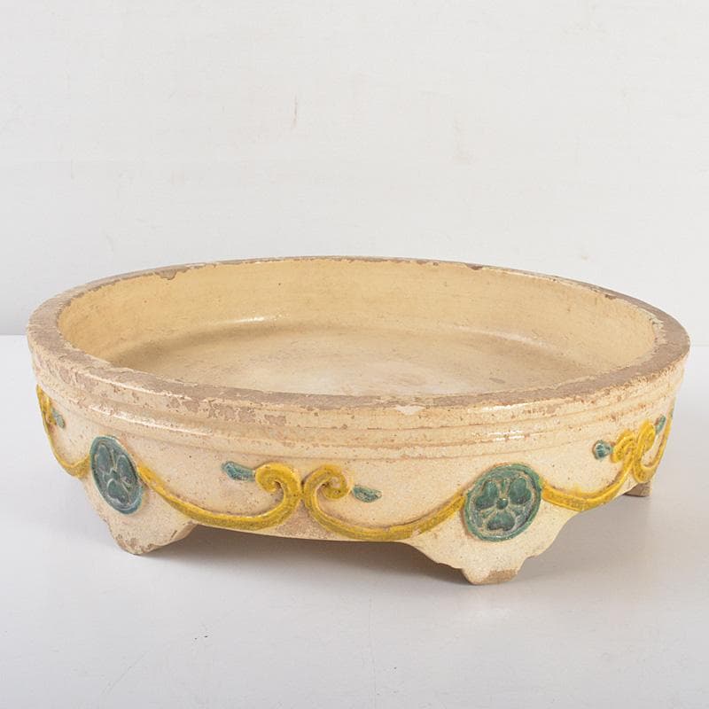 讃岐源内焼　三彩　陽刻唐草文　水盤　直径約32cm　V　R6773