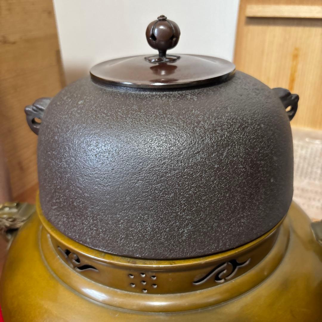 茶道具 釜 茶釜 唐銅 鬼面風炉 丸釜　箱付き