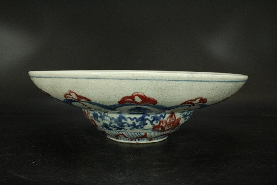中国美術 赤絵青花 纏枝蓮花紋 壷盤 φ30.5cm(LC178)