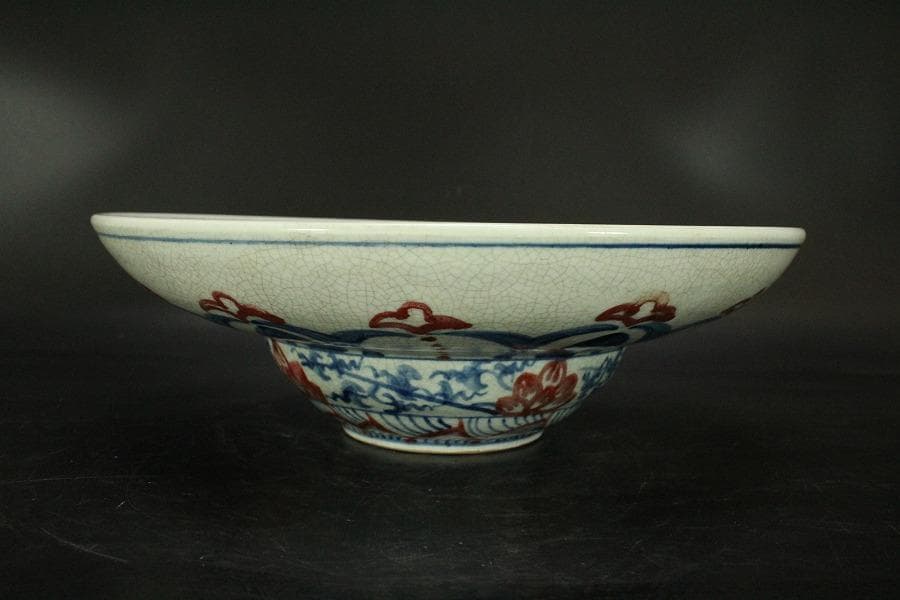 中国美術 赤絵青花 纏枝蓮花紋 壷盤 φ30.5cm(LC178)