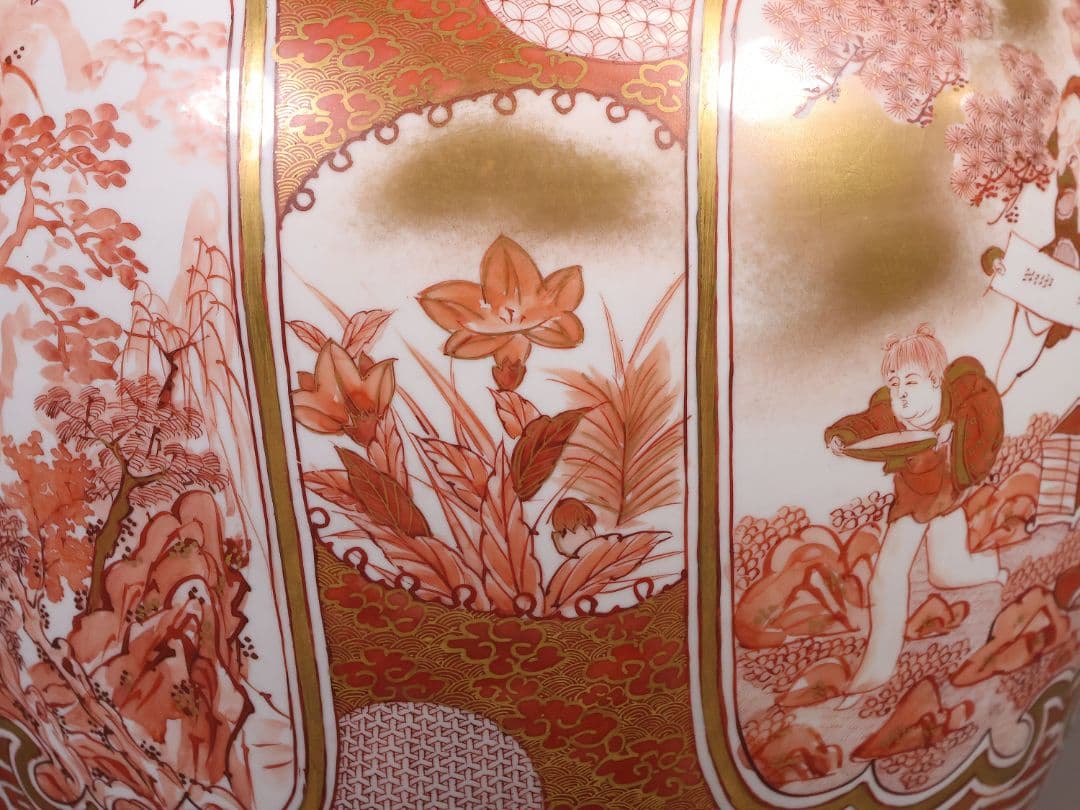 【M387】九谷焼 名工 橋田与三郎 細密赤絵金彩 花瓶 楼閣山水人物草花 花器