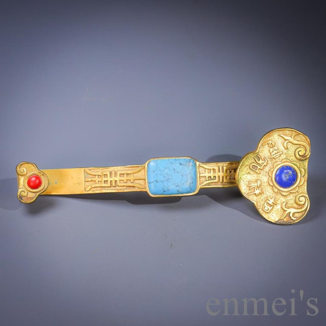 中国古美術 鍍金銅製 多宝嵌 如意元宝 吉祥置物 風水開運 細工 古置物 唐物