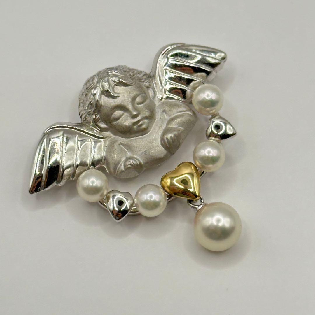 【美品】ブローチ トップK18 SILVER コンビ エンジェル 本真珠