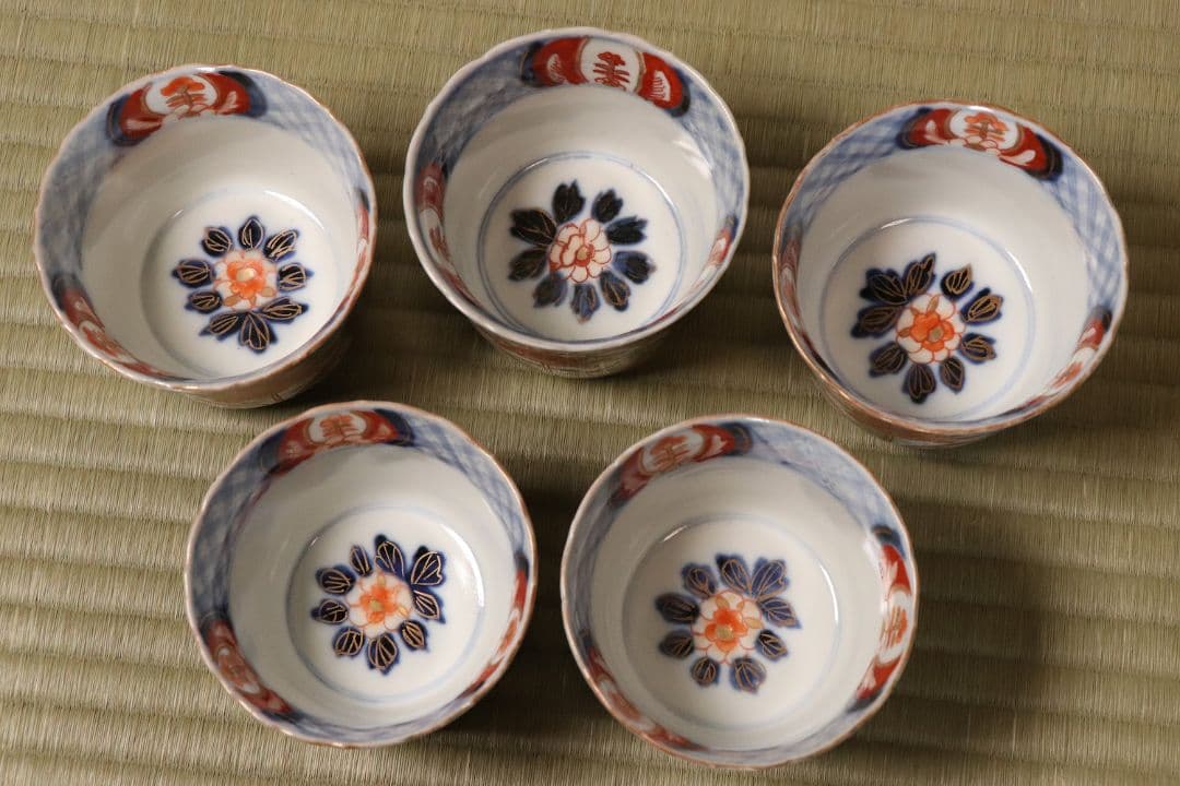 【CM57】古伊万里 色絵 小鉢 向付 五客 蕎麦猪口 草花 青海波 丸文 錦手