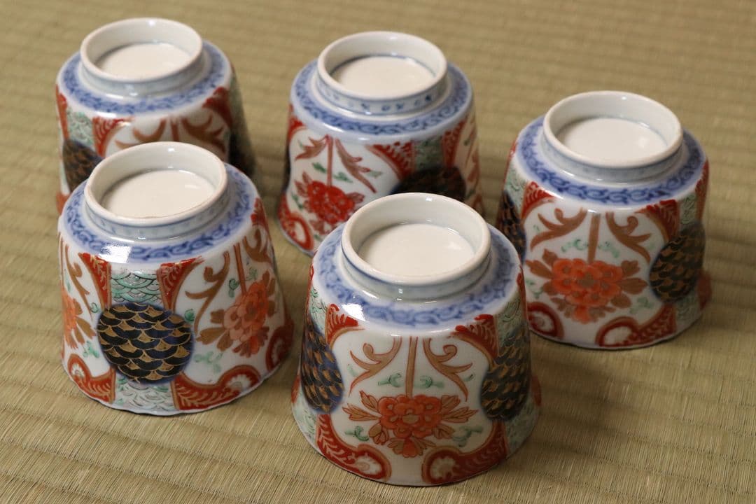 【CM57】古伊万里 色絵 小鉢 向付 五客 蕎麦猪口 草花 青海波 丸文 錦手