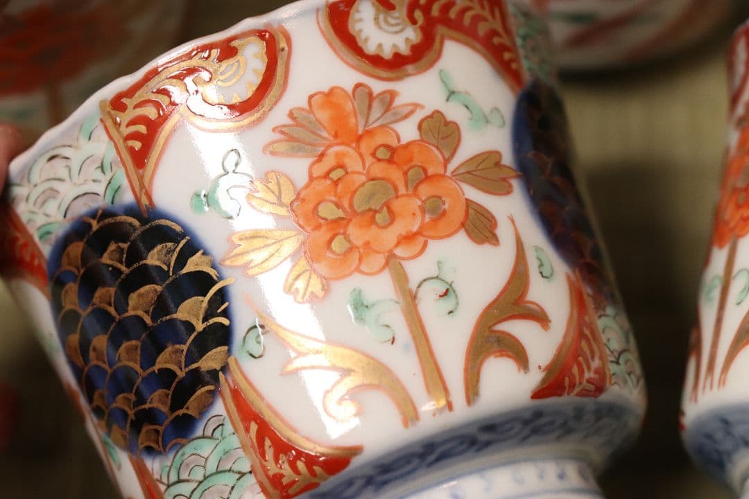 【CM57】古伊万里 色絵 小鉢 向付 五客 蕎麦猪口 草花 青海波 丸文 錦手