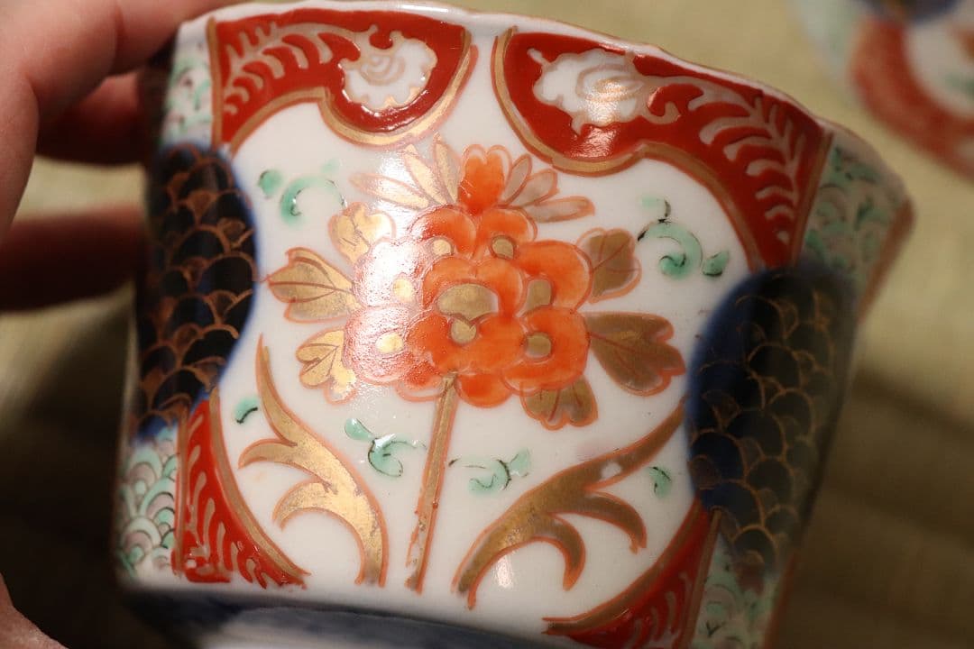 【CM57】古伊万里 色絵 小鉢 向付 五客 蕎麦猪口 草花 青海波 丸文 錦手