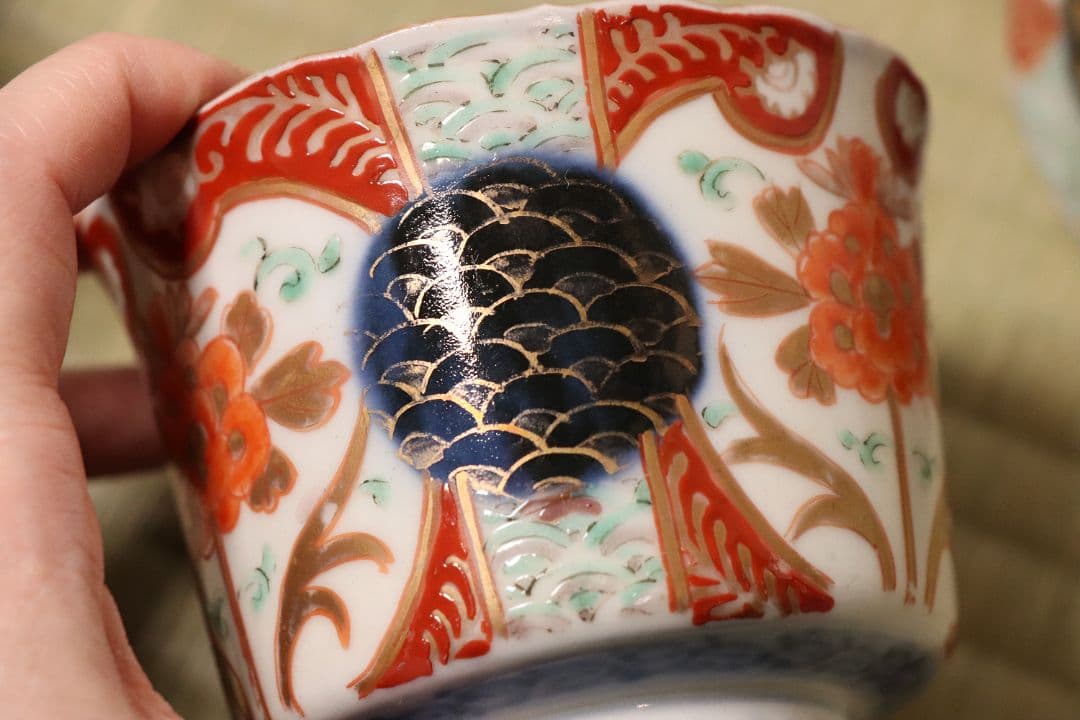 【CM57】古伊万里 色絵 小鉢 向付 五客 蕎麦猪口 草花 青海波 丸文 錦手