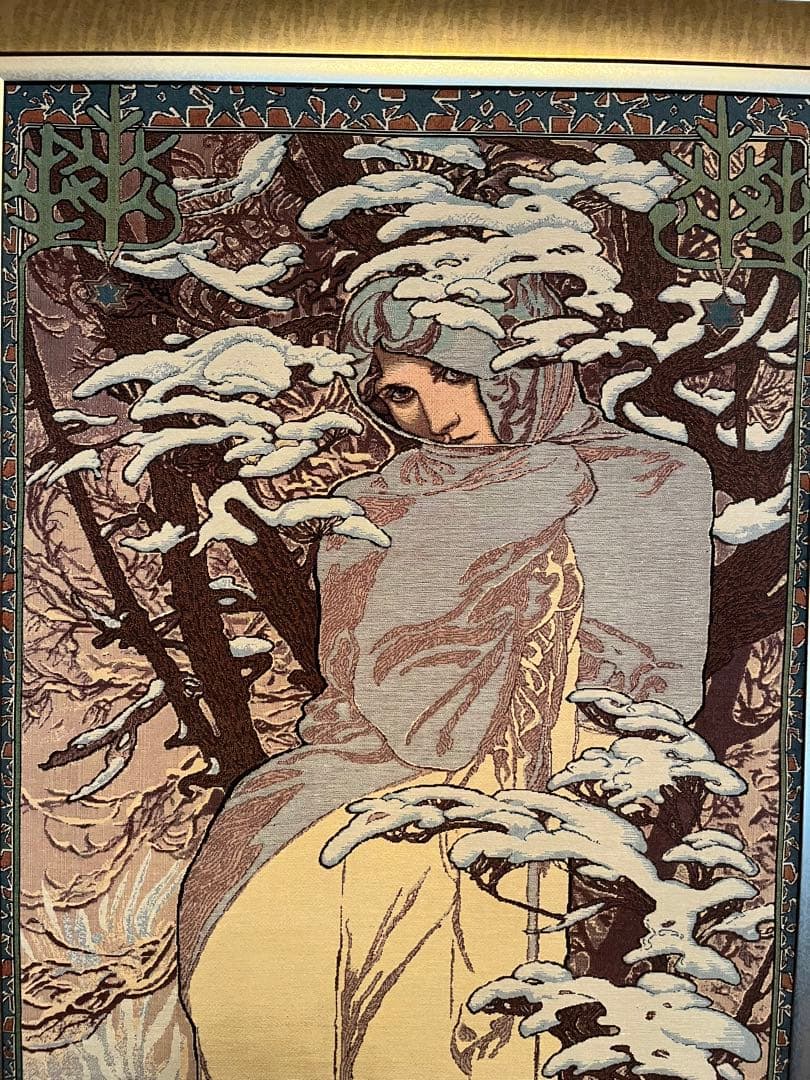 大判 　Alphonse Mucha ガラス絵の冬 - 四季 絨毯 額入アート