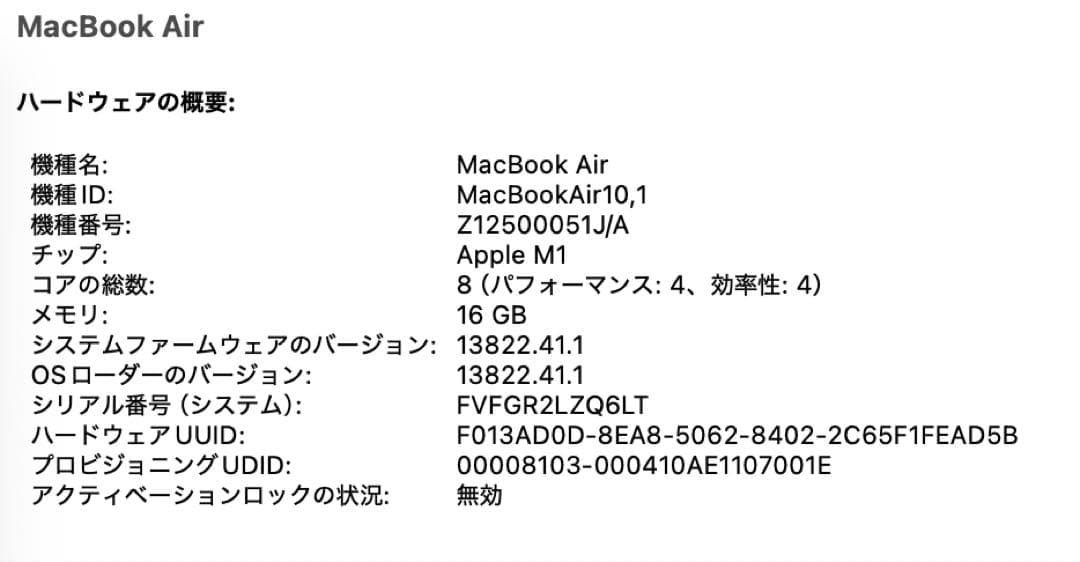 【美品】Apple MacBook Air M1 メモリ16GB 512GB