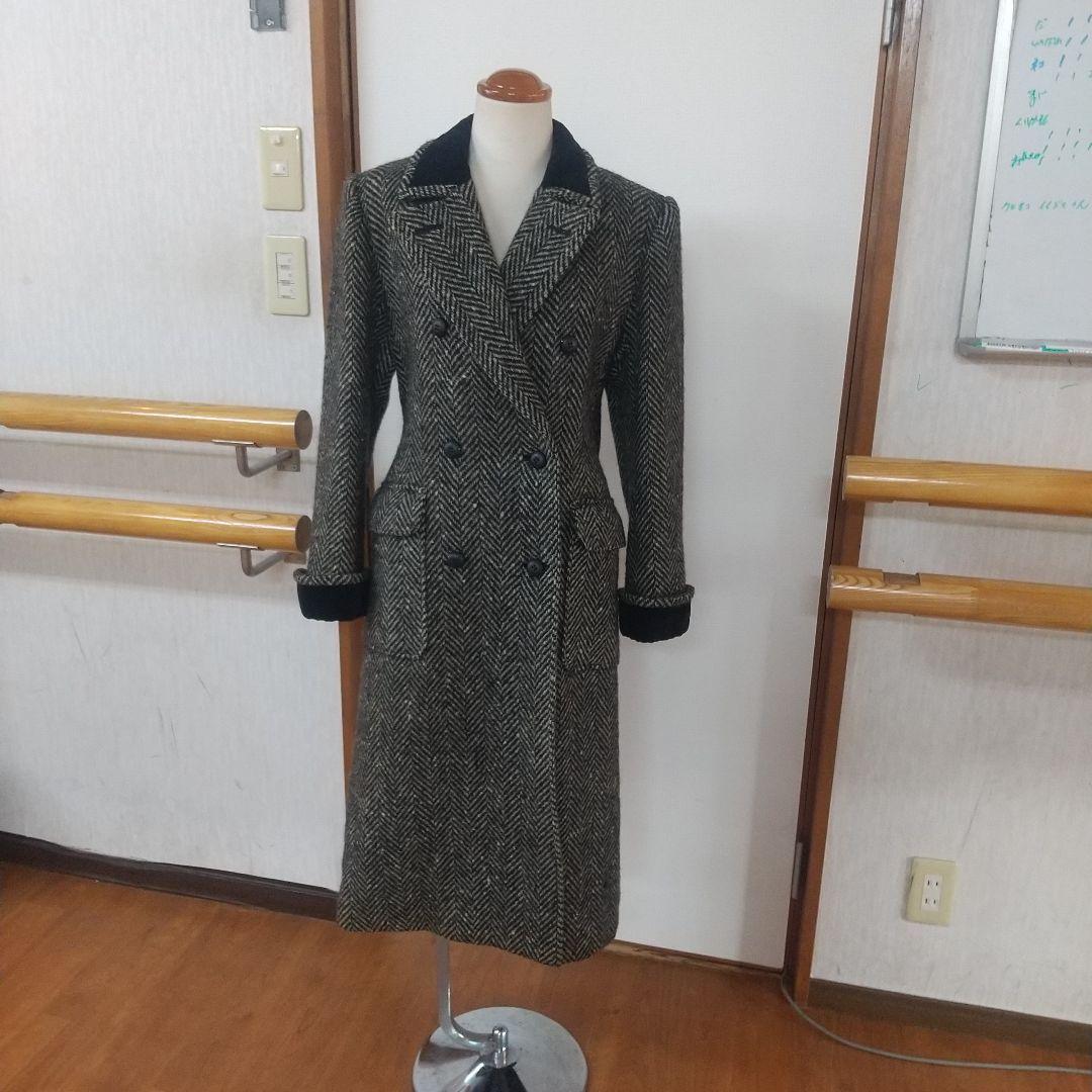 イヴサンローラン ダブルブレストコート ヘリンボーン ツイード 別珍ベロア切替