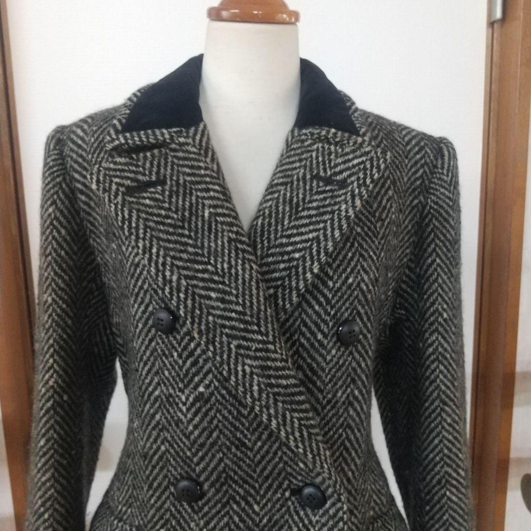 イヴサンローラン ダブルブレストコート ヘリンボーン ツイード 別珍ベロア切替