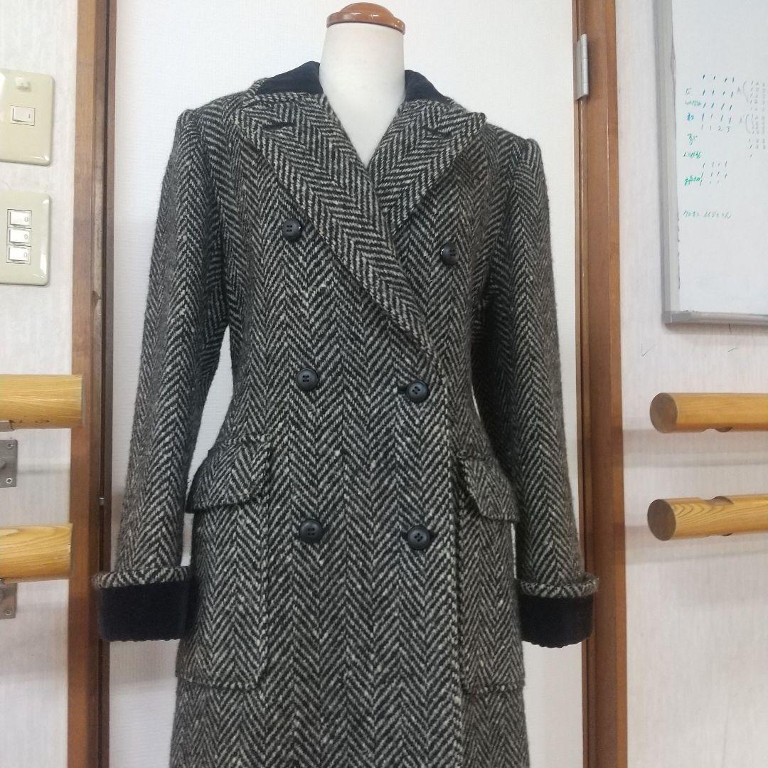 イヴサンローラン ダブルブレストコート ヘリンボーン ツイード 別珍ベロア切替