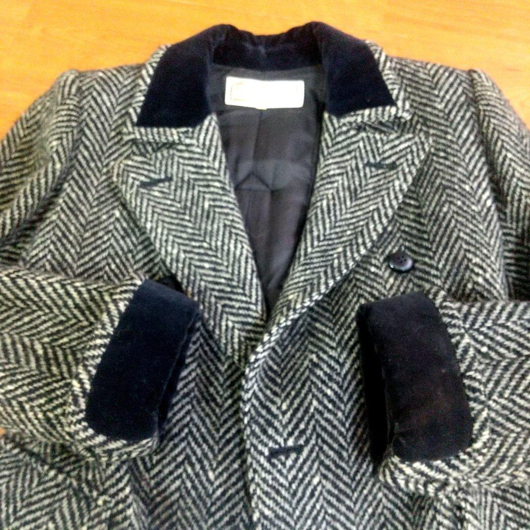 イヴサンローラン ダブルブレストコート ヘリンボーン ツイード 別珍ベロア切替