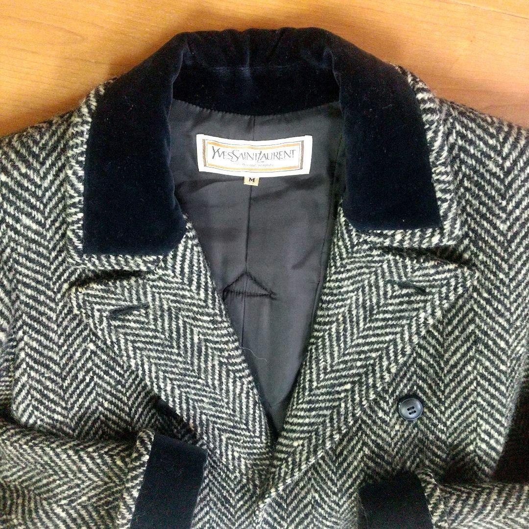 イヴサンローラン ダブルブレストコート ヘリンボーン ツイード 別珍ベロア切替