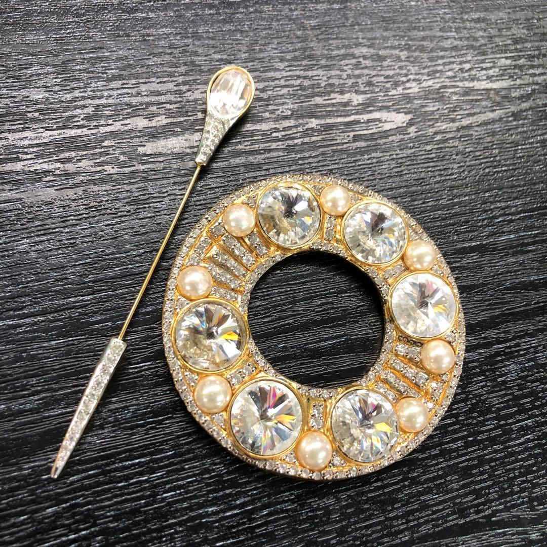 希少 VALENTINO バレンチノ 特大 ラインストーン パール ブローチ