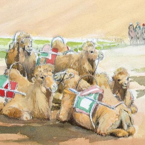 絵画「シルクロード～ 鳴砂山のラクダ」　水彩画
