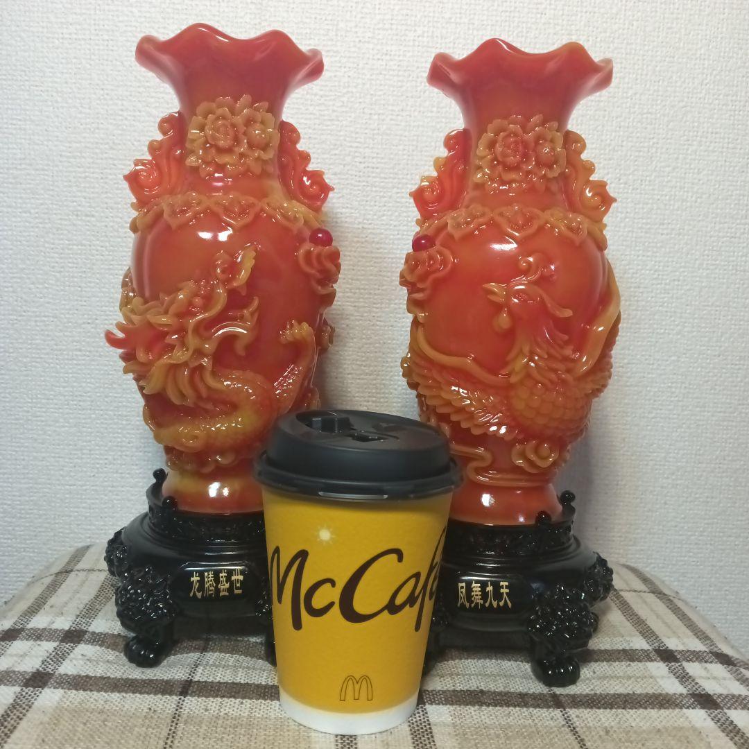 中国美術 朱色の龍の彫刻と鳳凰の彫刻 置物 風水アイテム