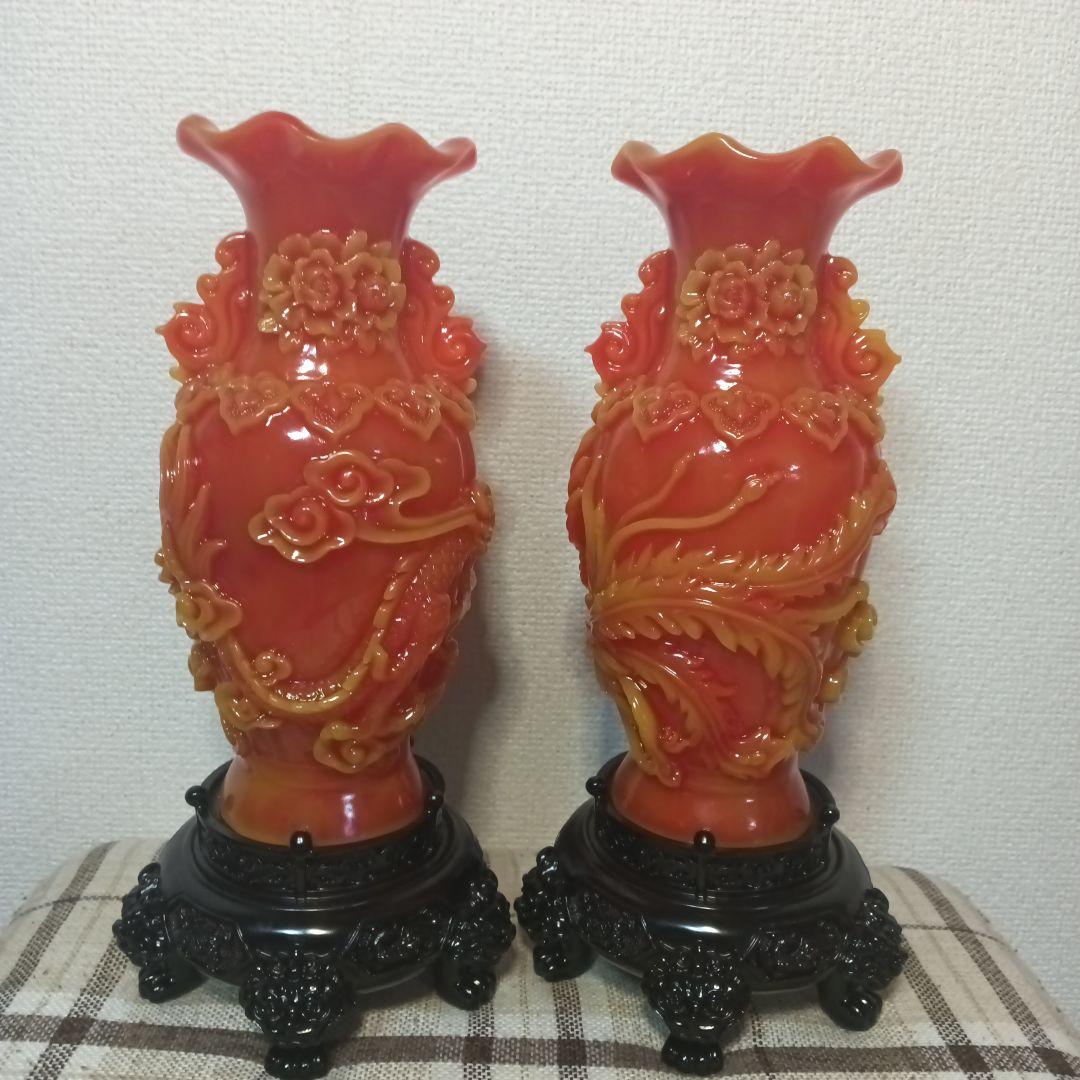 中国美術 朱色の龍の彫刻と鳳凰の彫刻 置物 風水アイテム