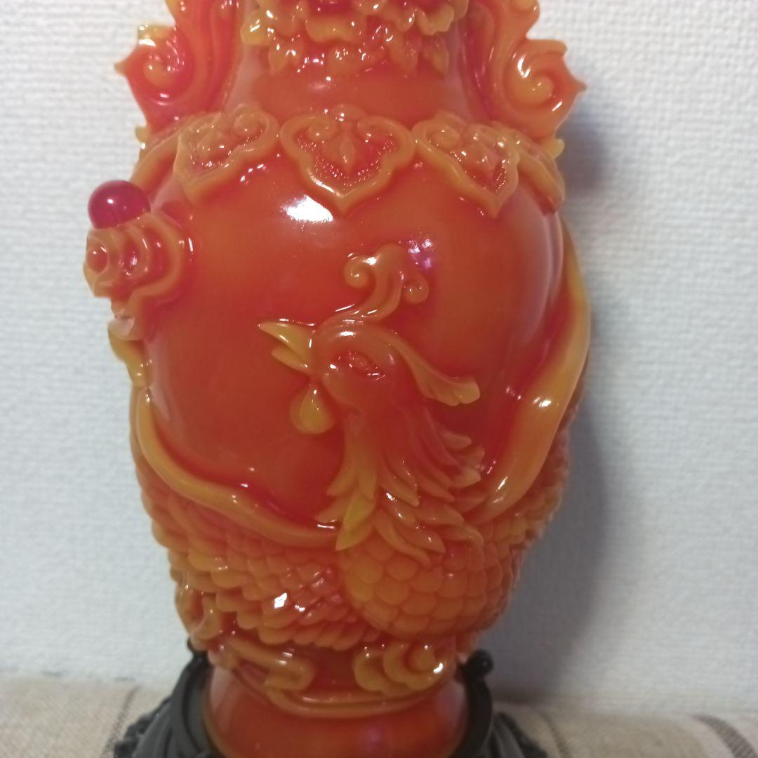 中国美術 朱色の龍の彫刻と鳳凰の彫刻 置物 風水アイテム