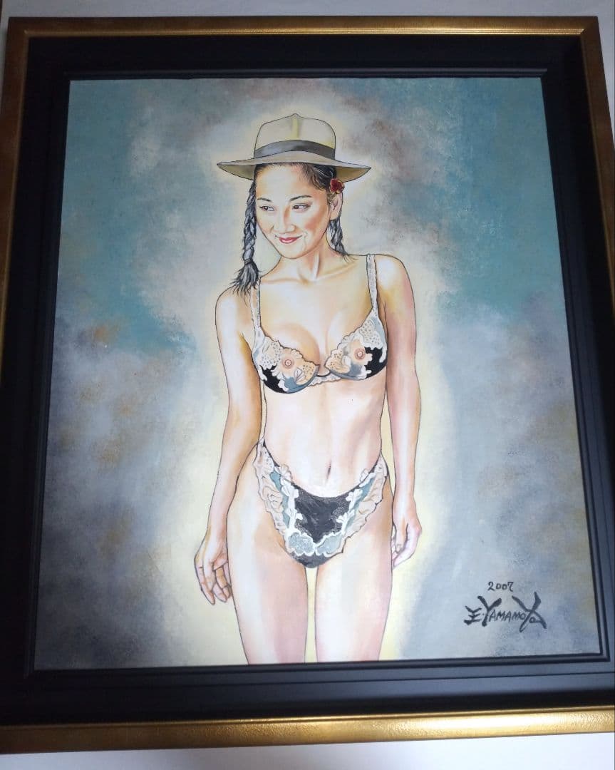 裸婦、美人画、絵画、油彩１０号、ハット山本英二、真作、肉筆、新品額縁、高塚省吾。