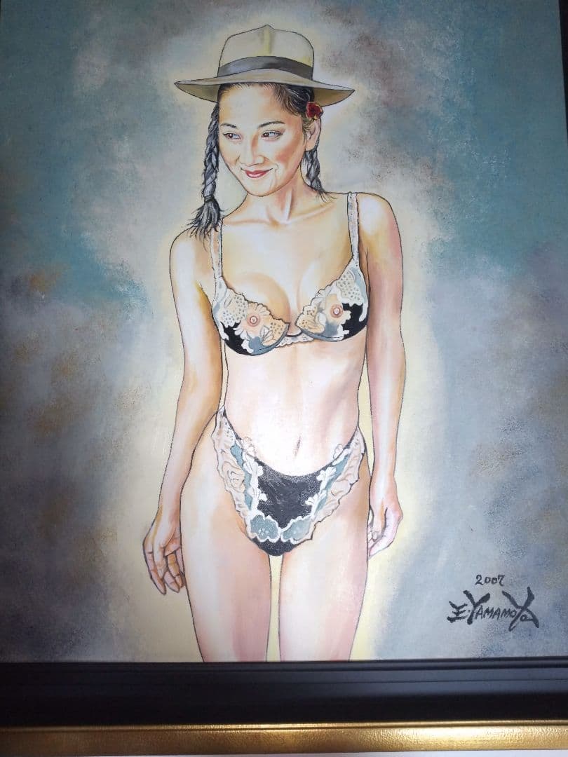 裸婦、美人画、絵画、油彩１０号、ハット山本英二、真作、肉筆、新品額縁、高塚省吾。