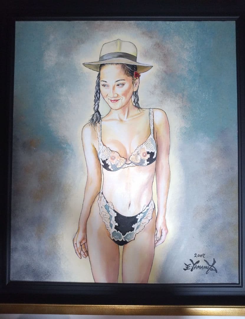 裸婦、美人画、絵画、油彩１０号、ハット山本英二、真作、肉筆、新品額縁、高塚省吾。