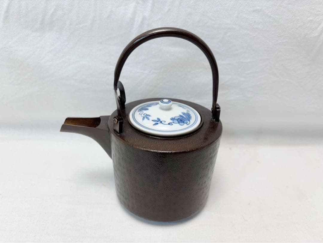 未使用 茶道具 金工師 宗禅造 鎚起 銅製 銚子 染付替蓋付 共箱