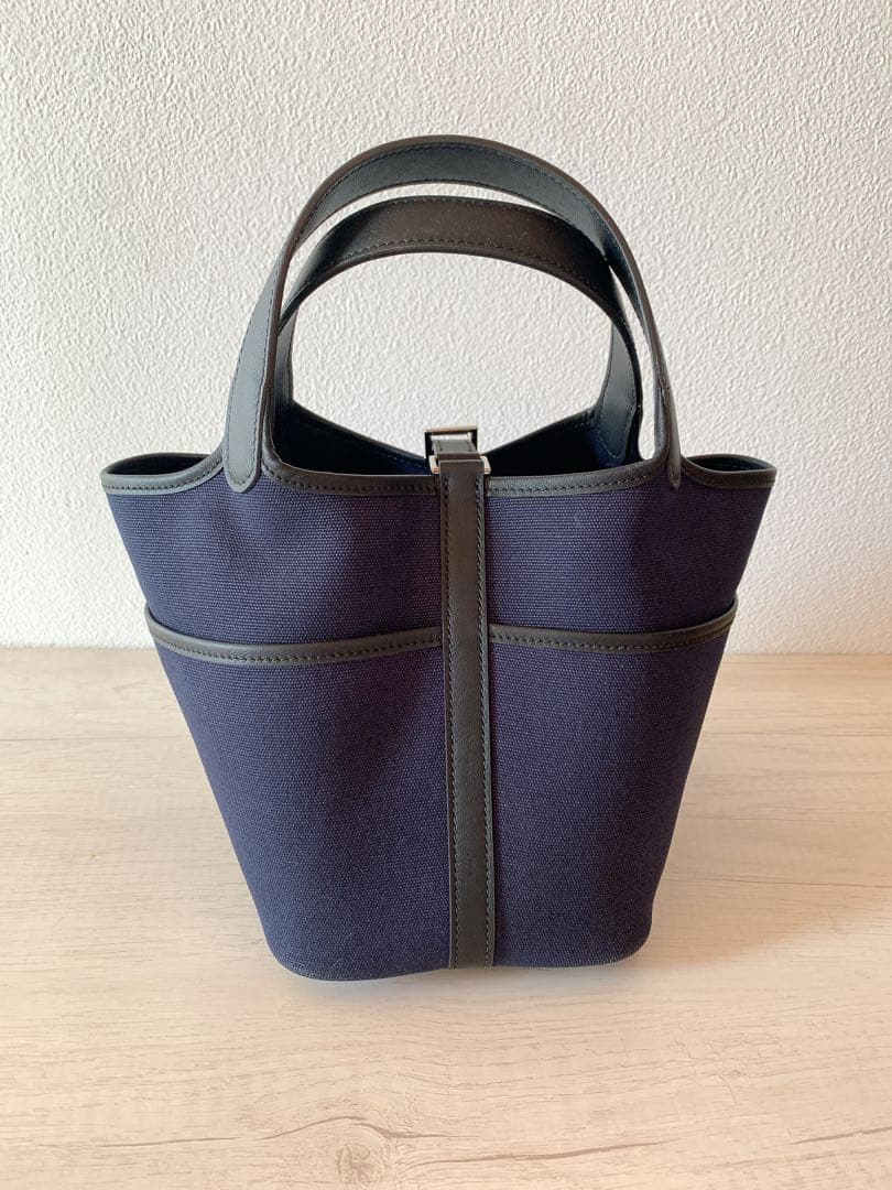 ネイビー×ブラック 高級本革 キャンバス トリヨン バケツ キューブバッグ PM