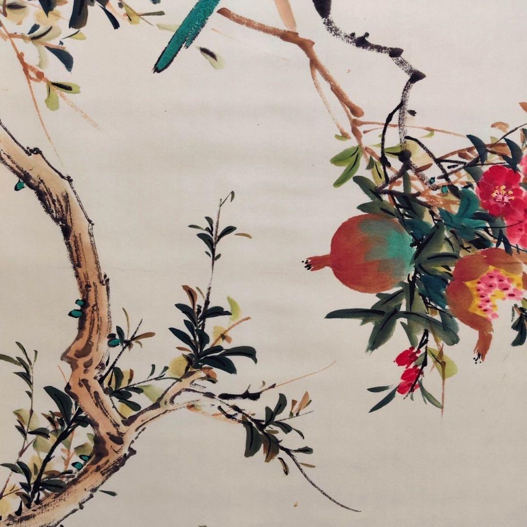 【掛軸】花鳥図「連蒂双栖」颜伯龙風 宣紙・表装済み 176×68cm