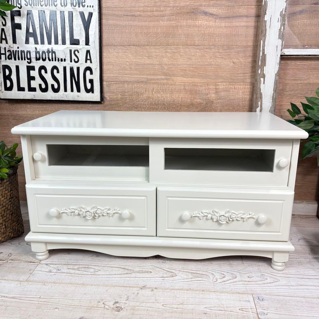 フレンチカントリー北欧調ホワイトガラステレビ台サイドボード飾り棚チェスト収納家具