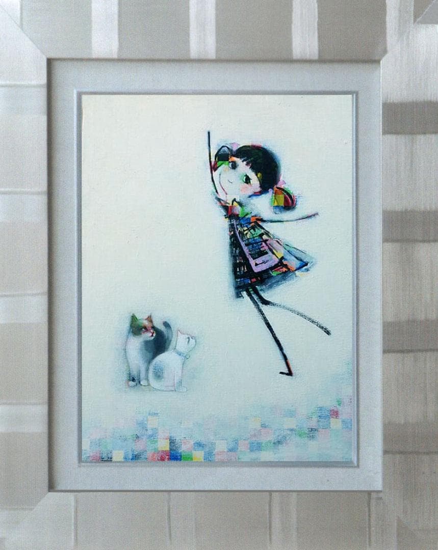 油絵 菅家令子絵 絵画インテリア額付(青緑＋金色の枠)F4-030419猫女の子