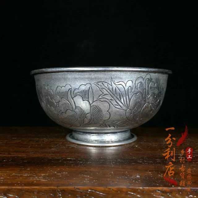 骨董品，925銀のボウル，花が咲き富貴である，銀の椀
